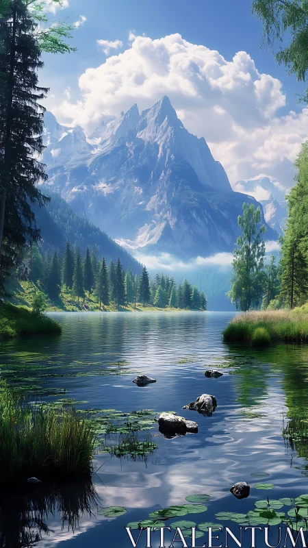 Majestic alpine peak mirrored in tranquil forest lake.