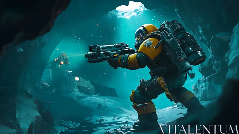 Armored space explorer aims heavy weapon in icy cavern.