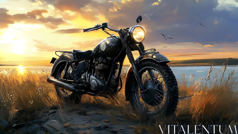 Sunlit classic motorcycle rests beside a peaceful golden lake