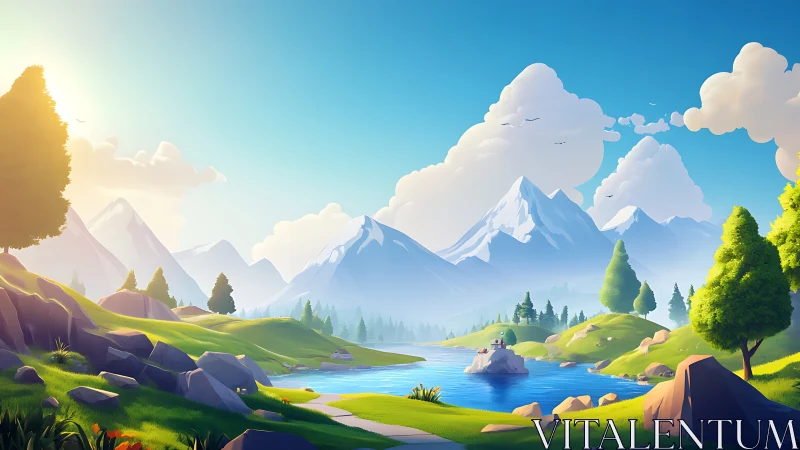 Bright stylized mountain landscape with river and valley.
