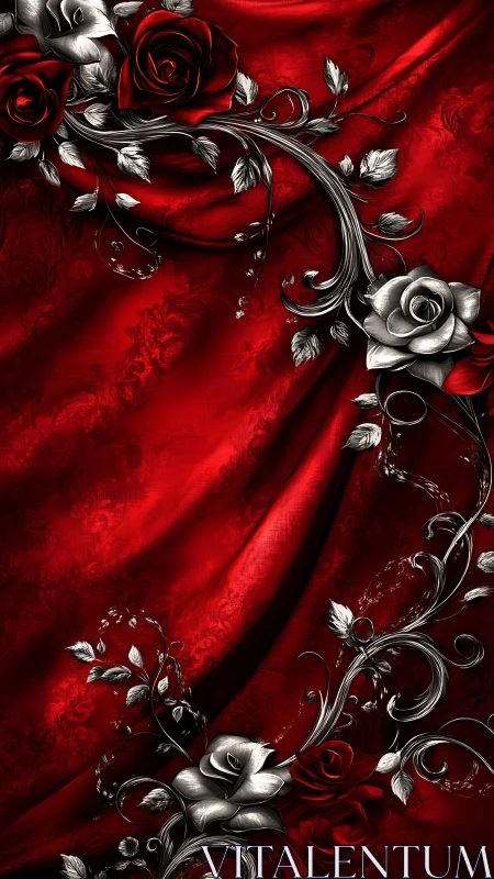 Ornamental Roses with Metallic Foliage on Crimson Textile Surface.