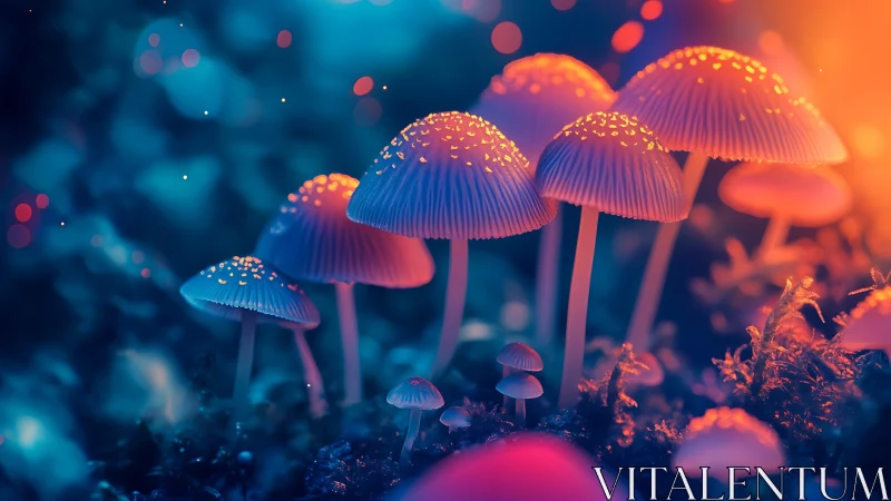 Glowing forest mushrooms create a dreamy neon night scene