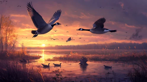Migrating geese fly over reflective lake at vivid sunset