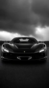 Black supercar front view under stormy dramatic sky