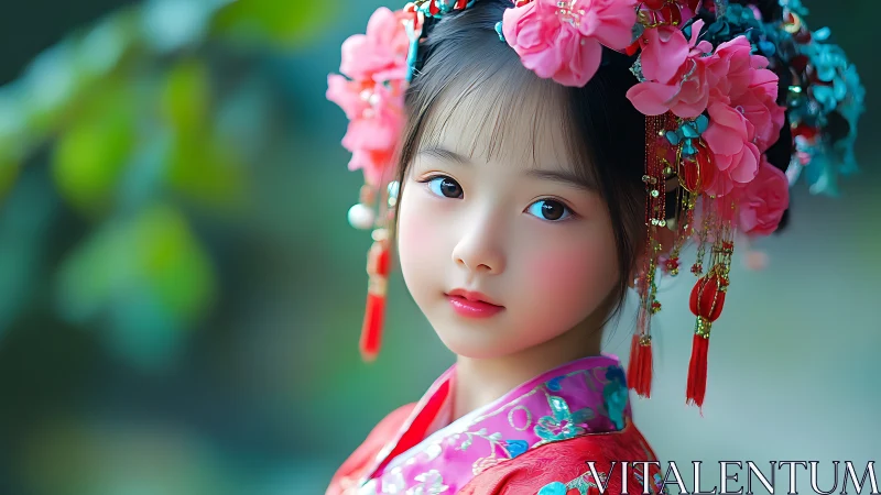 Graceful child portrait in ornate floral hanfu headdress.