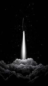 Monochrome rocket ascent above dense cloud layer at night.