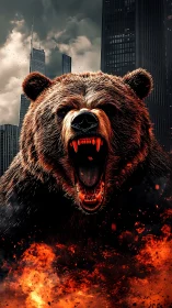 Roaring inferno bear storms a dark futuristic cityscape