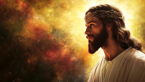 Radiant crowned figure gazes through galaxies of burning gold.