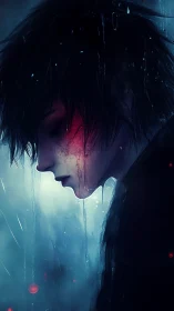 Side profile of injured boy in rainlit blue environment