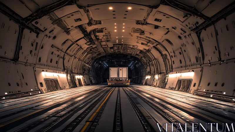 Photorealistic cargo aircraft bay with linear perspective depth.