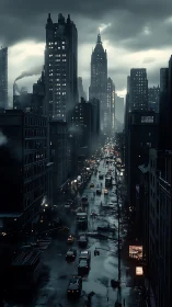 Noir urban canyon with wet reflective roadway under storm clouds