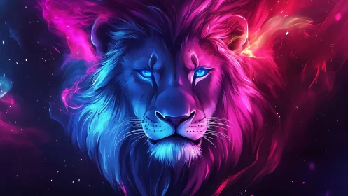 Neon cosmic lion portrait with radiant blue eyes.