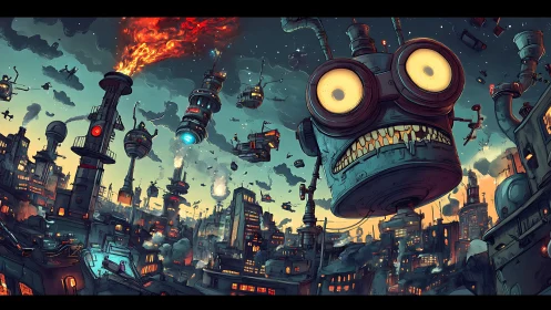 Chaotic robot head over dense industrial sci fi cityscape.