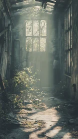 Overgrown corridor in abandoned building with soft daylight.