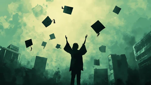 Graduate silhouette celebrates under soaring mortarboards.