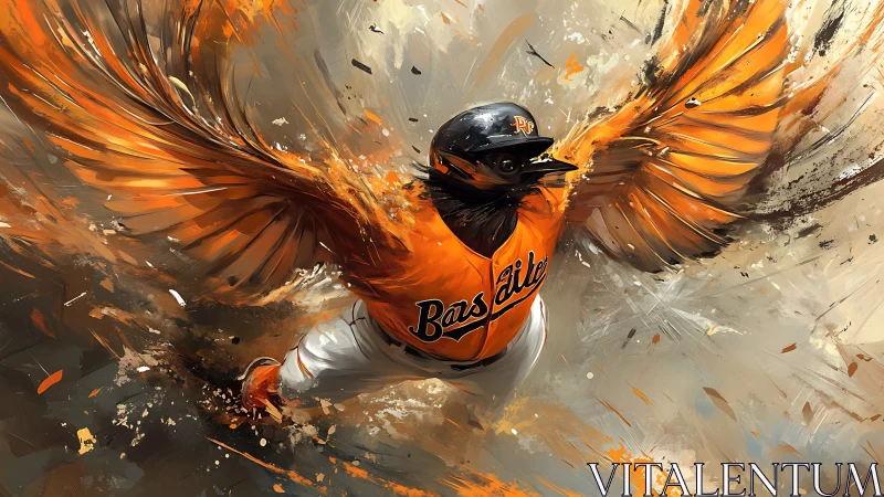 Hybrid bird-baseball figure moves forward with extended wings