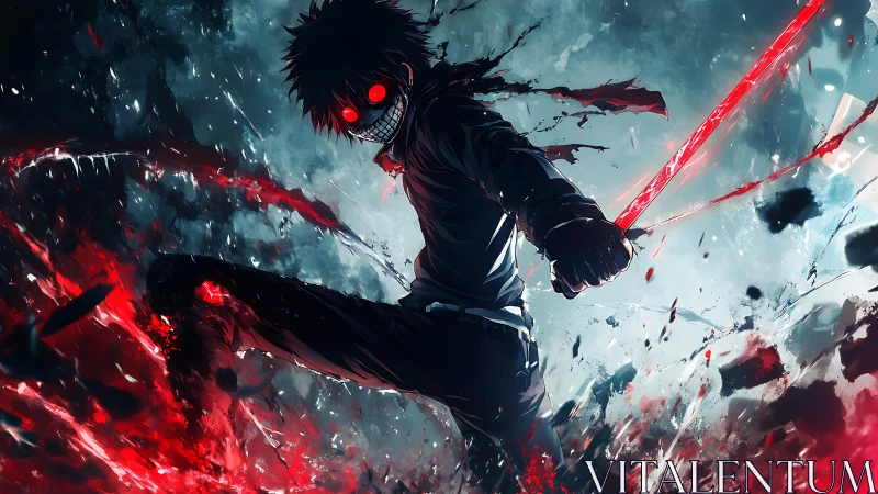 Masked figure holds glowing sword amid fragmented energy field