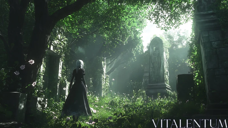 Backlit gothic figure surveys overgrown stone ruins in dappled light