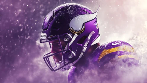 Purple gridiron warrior bowed in stormlit sideline silence.