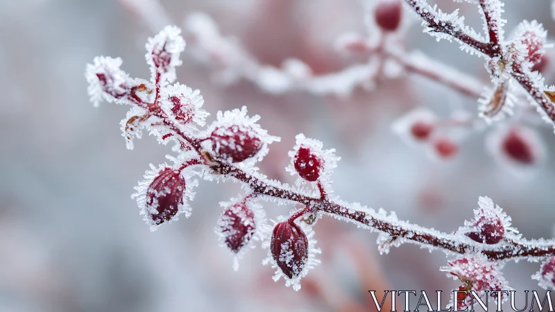 Frost covered red berries on winter shrub branch in macro view.