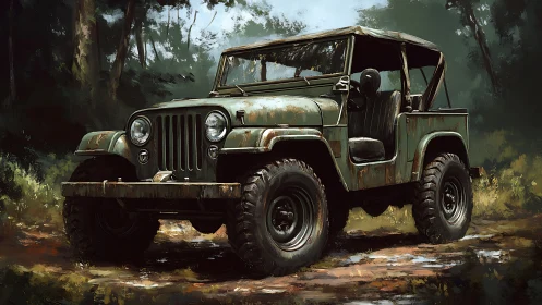 Weathered military jeep rendered as detailed digital painting