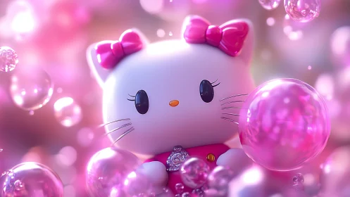 Cute white cartoon cat toy in pink glowing bubbles scene.