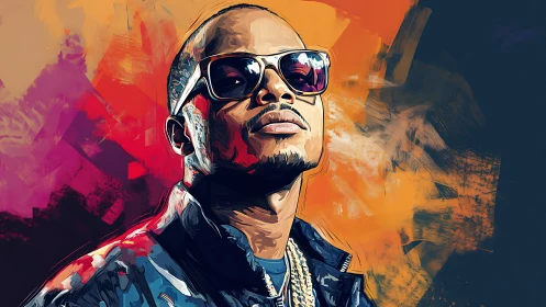 Stylized portrait of man in sunglasses on abstract backdrop.