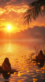 Sunset lake with kayakers and golden water reflections.