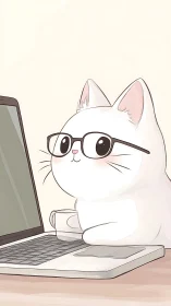 Bespectacled Cat at Workspace with Coffee and Laptop.