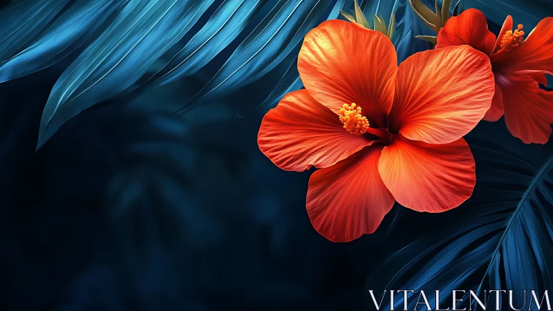 Red Hibiscus Flowers Against Dark Blue Foliage Background