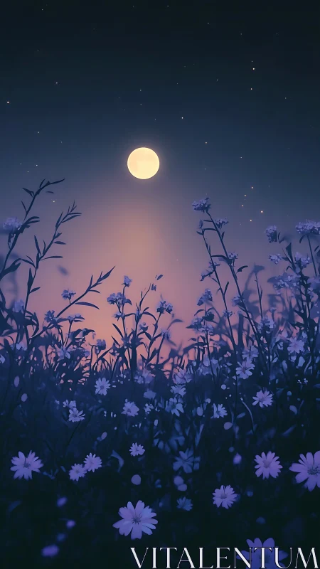 Nocturnal Flower Field Beneath Full Moon with Silhouetted Flora and Starlit Sky