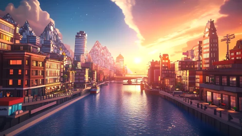 Sunlit canal city glowing softly beneath pastel skies.