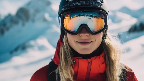 Smiling skier in goggles on bright snowy mountain slope.
