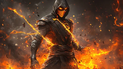 Hooded fire warrior in molten armor amid burning embers.