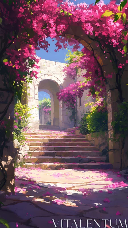 Stone garden staircase under bright pink bougainvillea canopy.