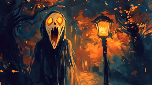 Spectral wraith under sodium lamp in expressionist forest dusk.