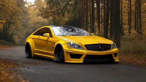Golden forest prowl by a low-slung yellow Mercedes beast.