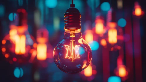 Neon glass bulb glows amid blurred bokeh lights.