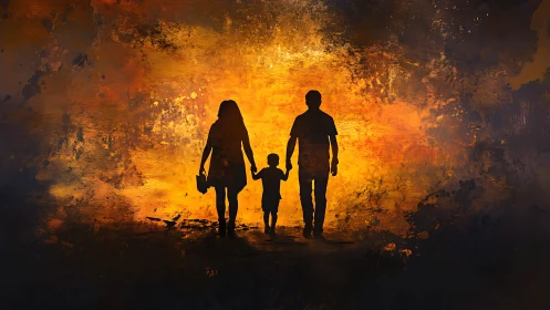 Family Silhouettes Against Fiery Golden Glow.