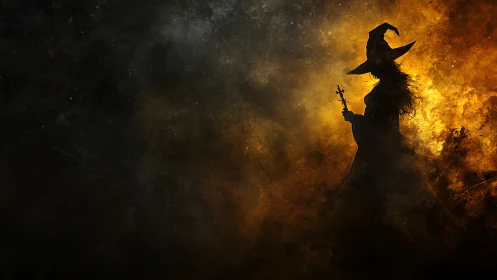 Silhouetted witch profile in volatile chiaroscuro smoke field.