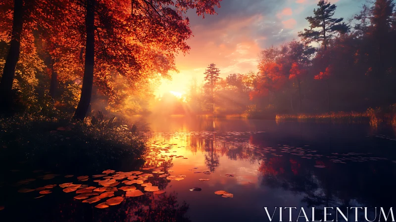 Luminous autumn lake at sunrise with glowing misty reflections.