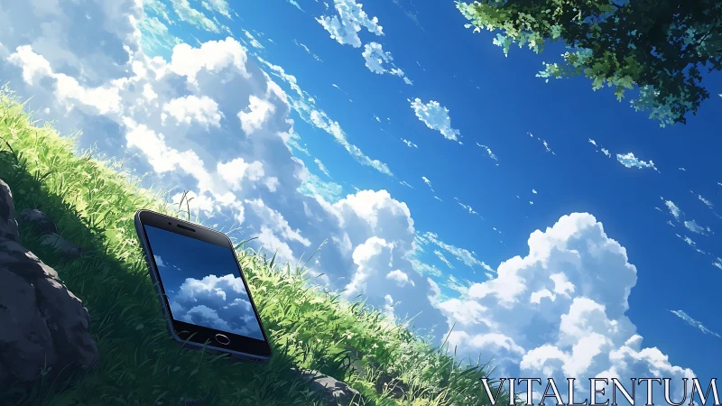 Sunny hillside sky meets a quiet phone in soft blue calm