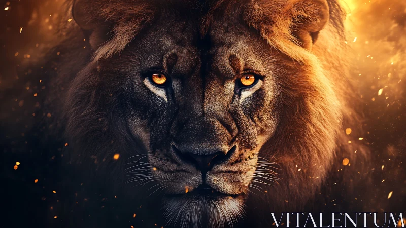 Ember-eyed lion studies the horizon through swirling sparks