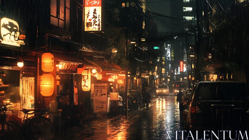 Warm lantern lights glow along a rainy neon city street