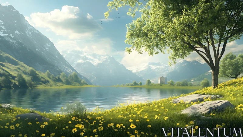 Mountain lake landscape shows tree, meadow and distant peaks