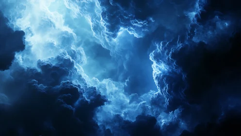 Luminous blue storm clouds form a dense, swirling vortex