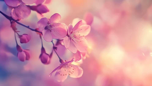 Pink flowering branch against diffused light background.