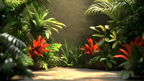 Sunlit jungle corridor invites crimson blooms to whisper