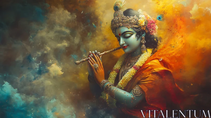 Divine blue flutist amid swirling cosmic saffron clouds.