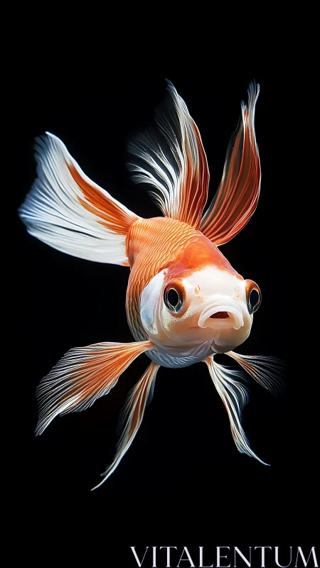 Photorealistic goldfish portrait with flowing fins on black.